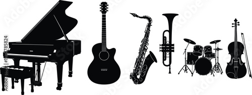Musical instrument silhouettes, piano, acoustic guitar, double bass, saxophone, trumpet, drum set, orchestra, jazz, classical, band, performance, music collection