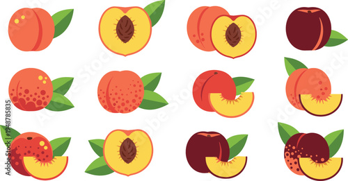 Flat peach fruit icon set with whole peaches halves with pits and slices featuring green leaves and minimalist design vector illustration for mobile apps web design and healthy food infographics.