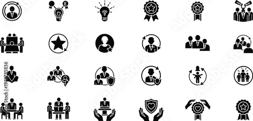 Business teamwork icons, leadership, innovation, recognition, corporate strategy, group meeting, award ribbon, shield security, professional collaboration, minimal design, success