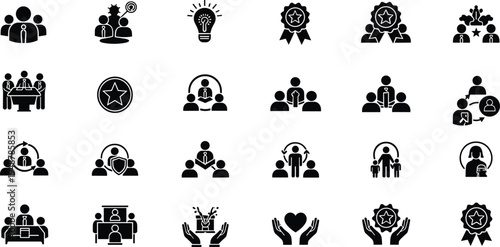Business teamwork icons, leadership, innovation, recognition, protection, collaboration, corporate strategy, group meeting, award ribbon, shield security, professional success