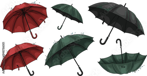 Realistic umbrella vector set in red black and dark green with raindrops featuring various angles and upturned design for storm weather protection autumn seasonal concepts and illustration.