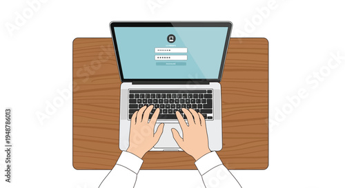 Overhead view of hands typing on a laptop displaying a login screen