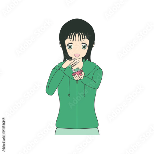 カプセルトイを開けて中身に喜ぶ女性のイラスト ガチャガチャ