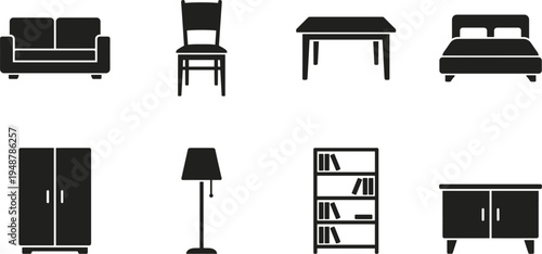 Minimalist Home Furniture Icon Collection: Sofa, Chair, Table, Bed, Wardrobe, Lamp, Bookshelf, and Cabinet