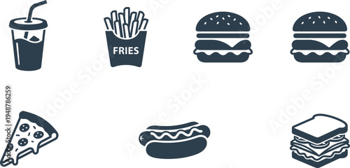 Fast Food Icon Set Drink French Fries Burger Pizza Hot Dog and Sandwich