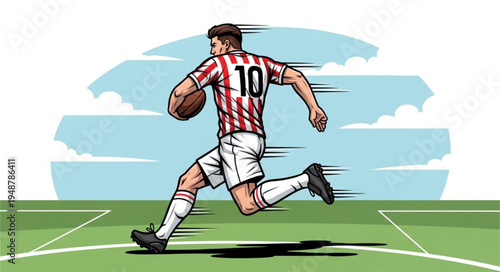 Rugby Player Running with Ball on Field.