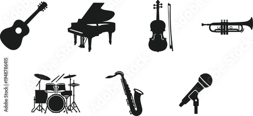 Professional Musical Instruments Silhouette Set Featuring Acoustic Guitar Grand Piano Violin Trumpet Drum Kit Saxophone and Microphone Icons