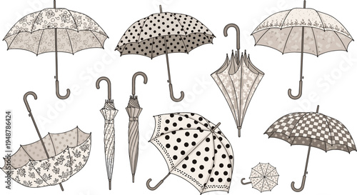 Vintage umbrella vector set featuring retro polka dot floral and checkered patterns in muted tones for autumn fashion weather design stickers and elegant feminine decorative accessory concepts.