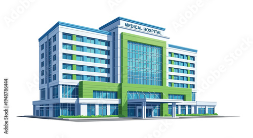 Modern hospital building with a medical sign and blue and green facade
