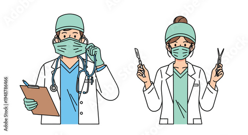 Illustration of a doctor with a stethoscope and a surgeon holding surgical instruments.