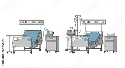 Illustration of two hospital beds with medical equipment and bedside tables