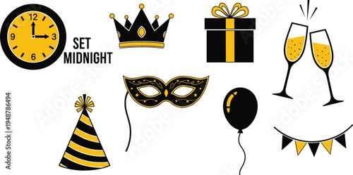 New Years Eve party icon set with gold and black countdown clock champagne glasses masquerade mask crown and gift box vector illustration for celebration event invitations and luxury holiday decor.