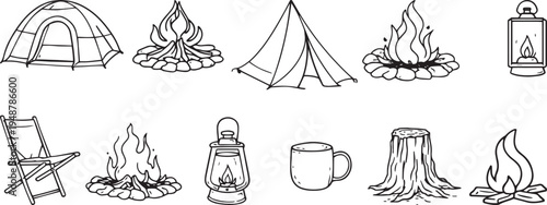 Camping line icon set, tent campfire lantern chair mug stump outdoor adventure monoline vector