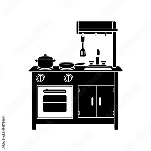 Black and White Icon of a Toy Kitchen with Stove, Oven, Sink, and Utensils