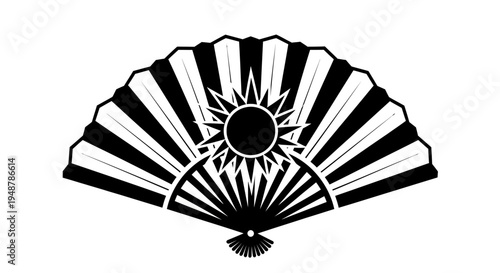 Black and White Japanese Fan with Sunburst Design