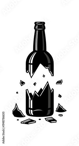 Broken Glass Bottle Silhouette, Shattered Container, Danger Concept