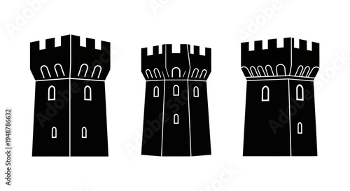 Black Silhouette of Three Medieval Castle Towers with Crenellations and Windows on White Background