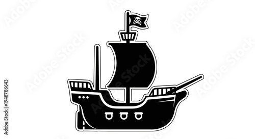 Black Pirate Ship Silhouette with Jolly Roger Flag on White Background