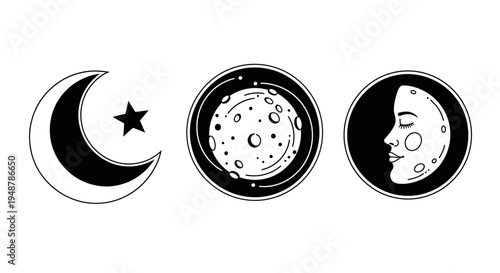 Celestial Phases: Crescent Moon, Full Moon, and Face Moon Icons