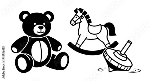 Classic Toys: Teddy Bear, Rocking Horse, and Spinning Top