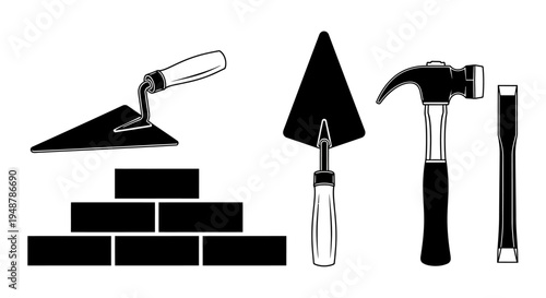 Construction Tools and Bricks: Trowel, Hammer, Chisel, and Building Materials