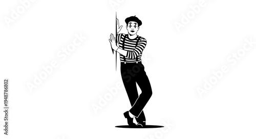 Mime Artist Leaning on Invisible Wall, Black and White