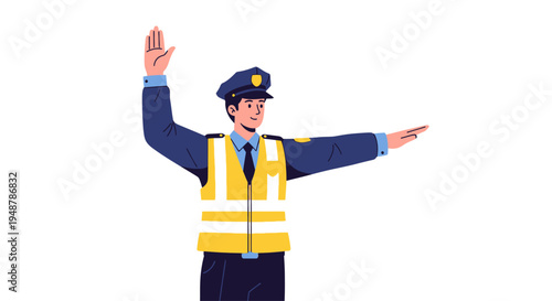 Police Officer Directing Traffic with Hand Signals, Safety Vest, White Background