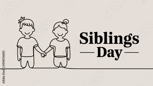 Sibling bond on sibling day illustration of two happy children holding hands smiling faces simple line art style gray background
