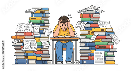 A stressed student sits at a desk buried by books and papers, illustrating academic pressure.