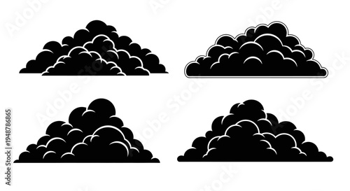 Set of Black Cumulus Clouds Silhouette Icons, Isolated on White Background