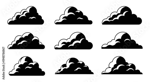 Set of Black Cloud Icons, Cumulus Clouds, Weather Symbols, Isolated on White Background