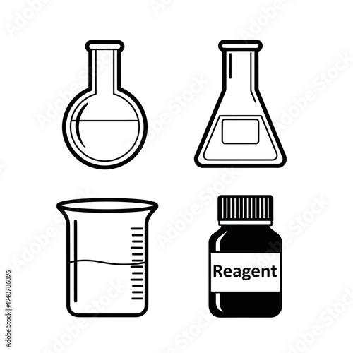 Set of Laboratory Glassware Icons: Beaker, Flasks, Reagent Bottle