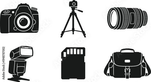 Photography Gear Icons Set Vector Flat Illustration of Camera Tripod Lens and Accessories