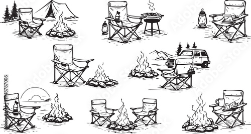 Camping Chair and Campfire Doodle Icon Set Outdoor Campsite Tent Lantern Nature Line Vector
