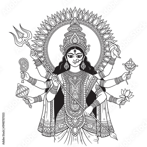 Vector illustration of Hindu goddess Durga, black and white line art