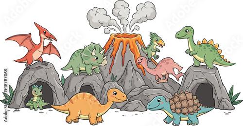 Cute cartoon dinosaur landscape with erupting volcano featuring t-rex triceratops pterodactyl and stegosaurus in prehistoric mountain caves vector illustration for kids room and education.