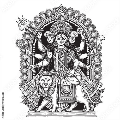 Vector illustration of Durga goddess with lion, Indian mythology symbol