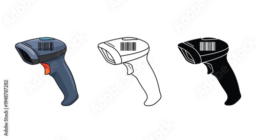 Illustrations showcasing a barcode scanner in color, line art, and black silhouette.