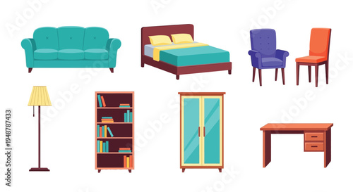 A collection of cartoon-style furniture items, perfect for illustrating a home interior.