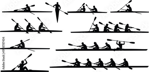 Rowing and kayaking silhouettes set isolated on white background, athletes in boats with paddles, water sport recreation vector illustration collection.
