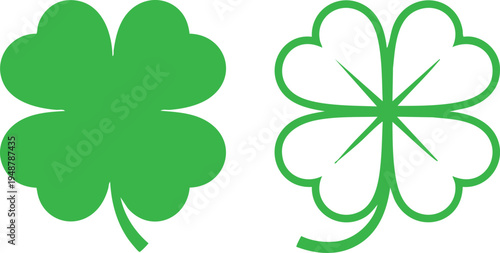 Four-Leaf Clover Icons in Solid and Outline Green Styles, vector, illustration.