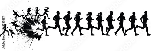 Running people silhouettes set with splash isolated on white background, marathon runners group active sport fitness vector illustration collec