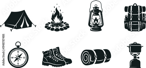 Professional Camping and Hiking Equipment Icon Set Featuring Tent Campfire Lantern Backpack Compass Boots and Sleeping Bag Silhouettes