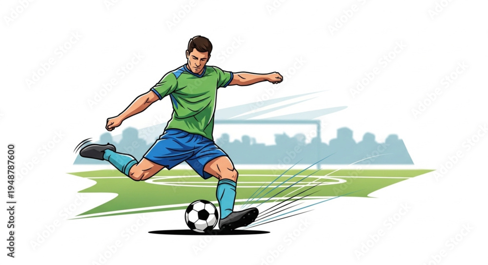 Obraz premium Soccer player kicking ball on field during game action.