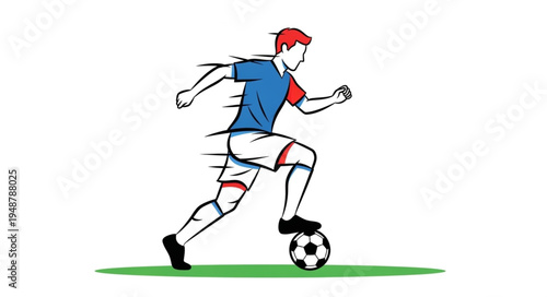 Soccer player dribbling ball on green field.