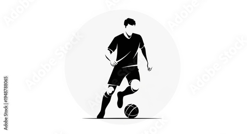 Soccer player silhouette dribbling a ball on the field.