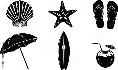 Silhouette beach icons, summer vacation, seashell, starfish, flip-flops, umbrella, surfboard, coconut drink, tropical relaxation, vector illustration, black and white