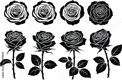 Rose silhouettes with flower heads and full stems, vector illustration of floral designs for botanical studies, romantic art, gardening, and decorative concepts