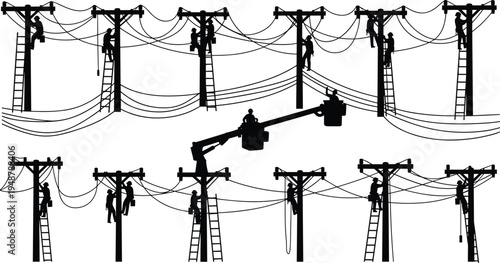 Silhouette of Electricians and Linemen Working on Utility Poles with Power Lines, Ladders, and Bucket Truck for Electrical Infrastructure Maintenance and Repair