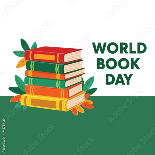 World book day celebration with stack of colorful books